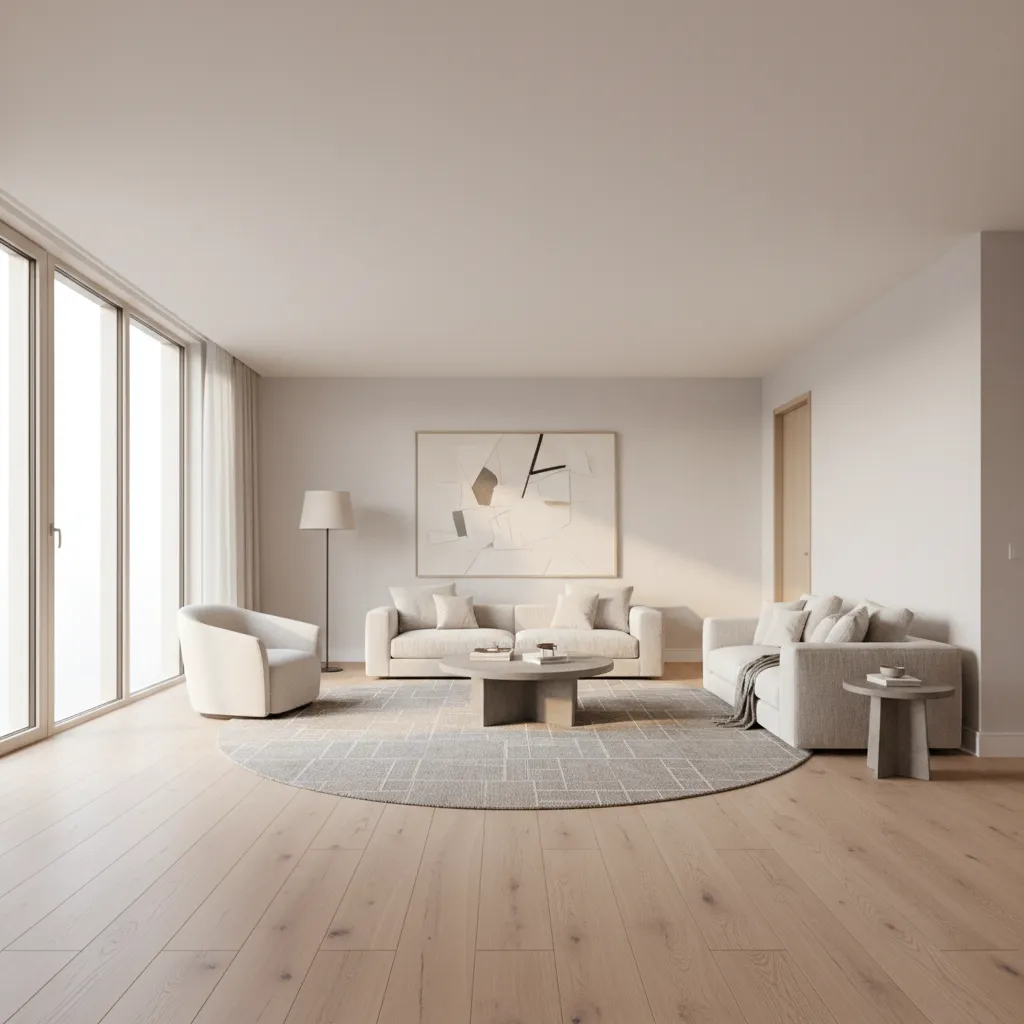 Modern living room with wooden floor white sofa armchair round rug large windows and art