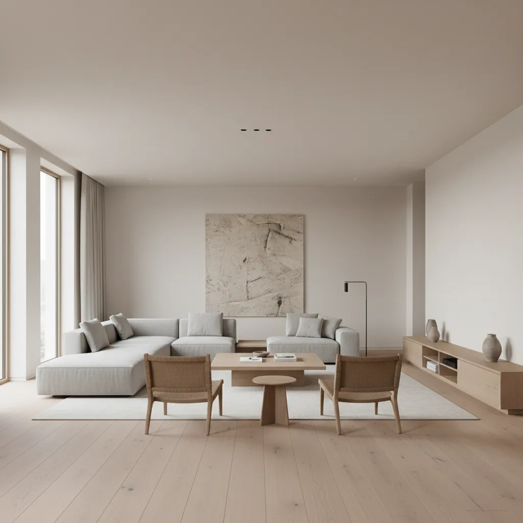 Minimalist living room with grey sectional sofa wooden armchairs large wall art and wooden cabinet