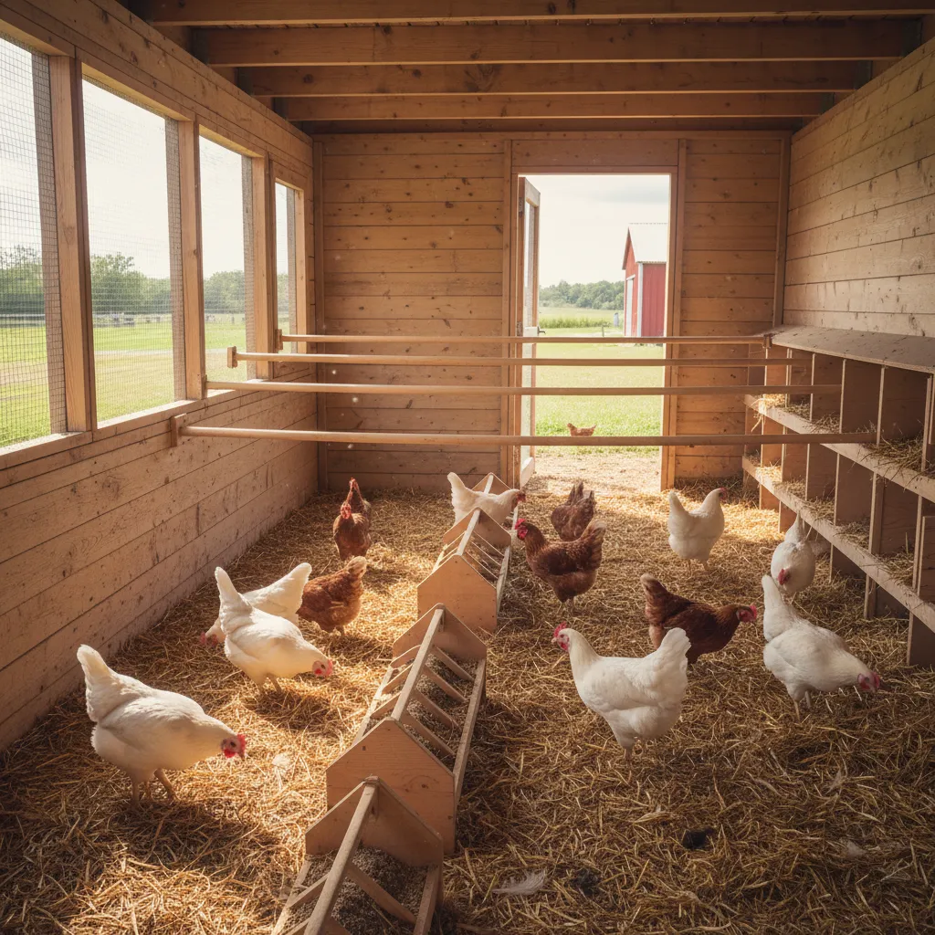 Gallinas moviéndose dentro de un gallinero espacioso
