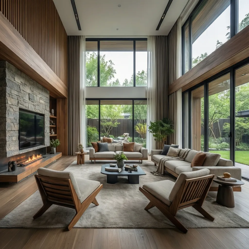 Modern living room with wood wall panel stone fireplace large windows and comfortable grey sofas