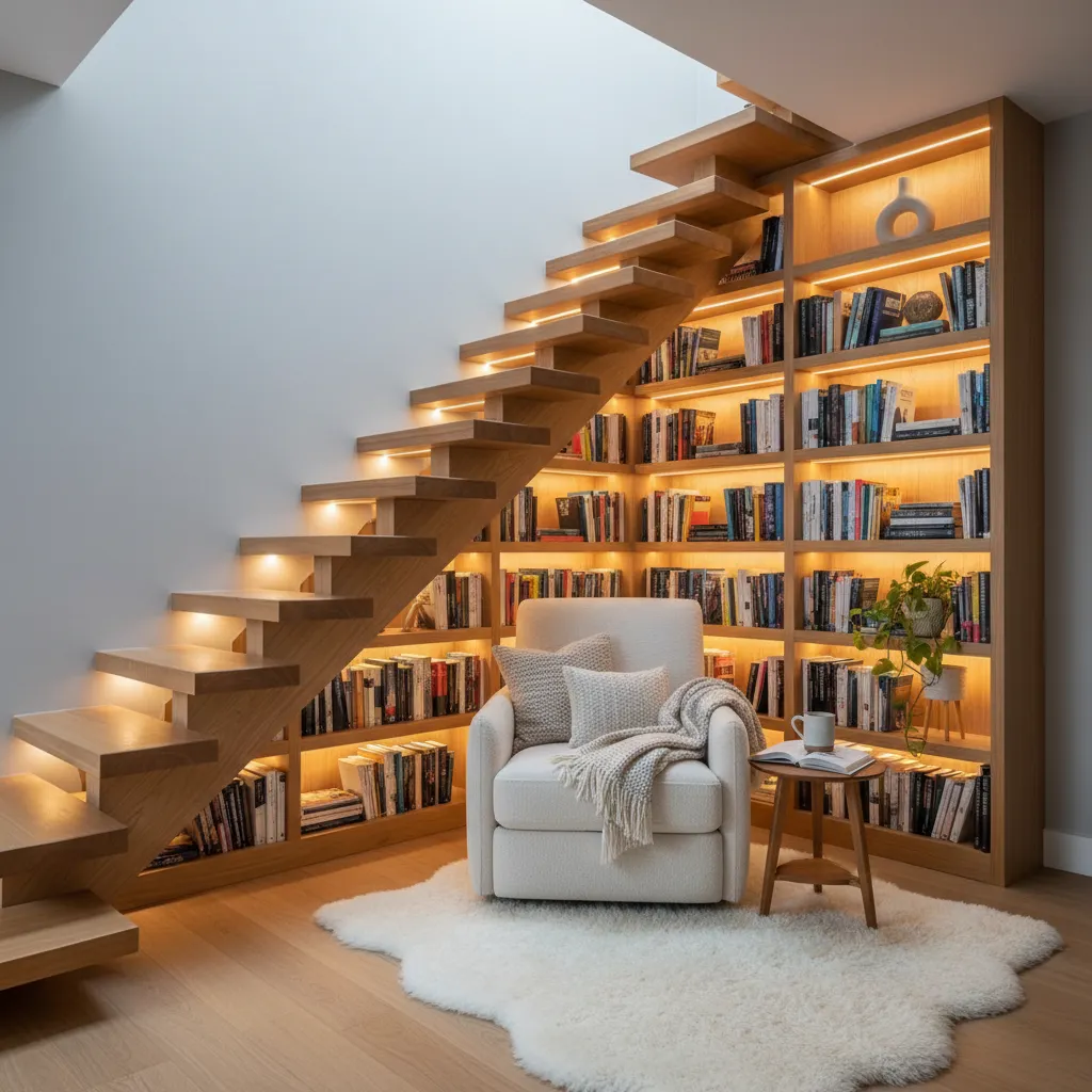 Cozy reading area under wooden stairs with white armchair bookshelf warm lights and side table