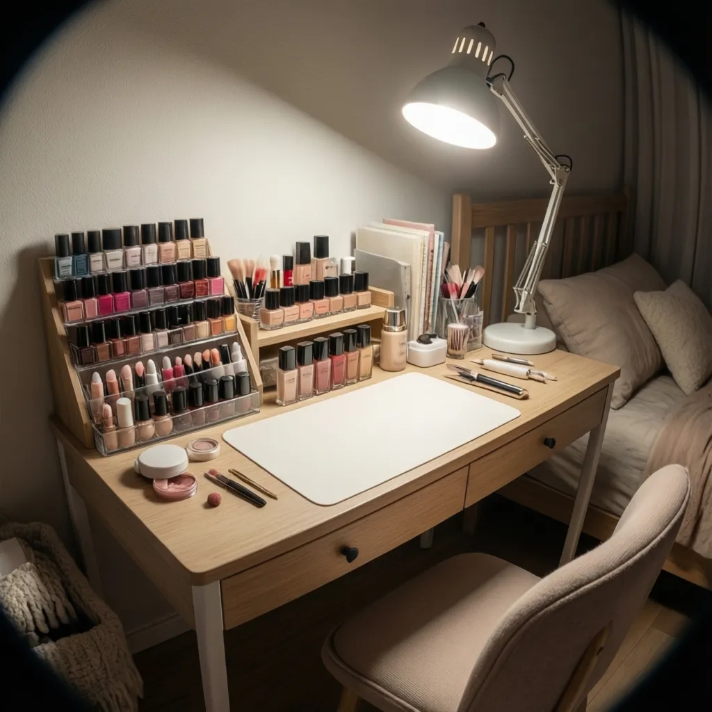 Pequeña mesa organizada para hacer manicura en casa con buena iluminación