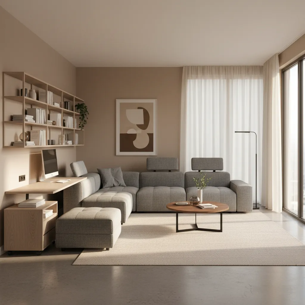 Modern living room with grey sofa wooden desk bookshelf round coffee table rug and white curtains