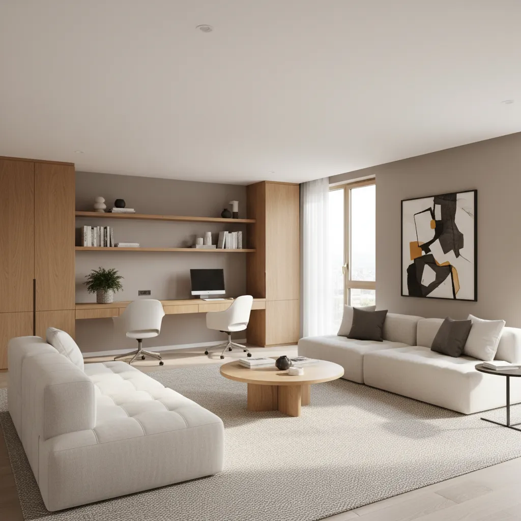 Modern open plan room with white sofa wooden coffee table two desks and white chairs