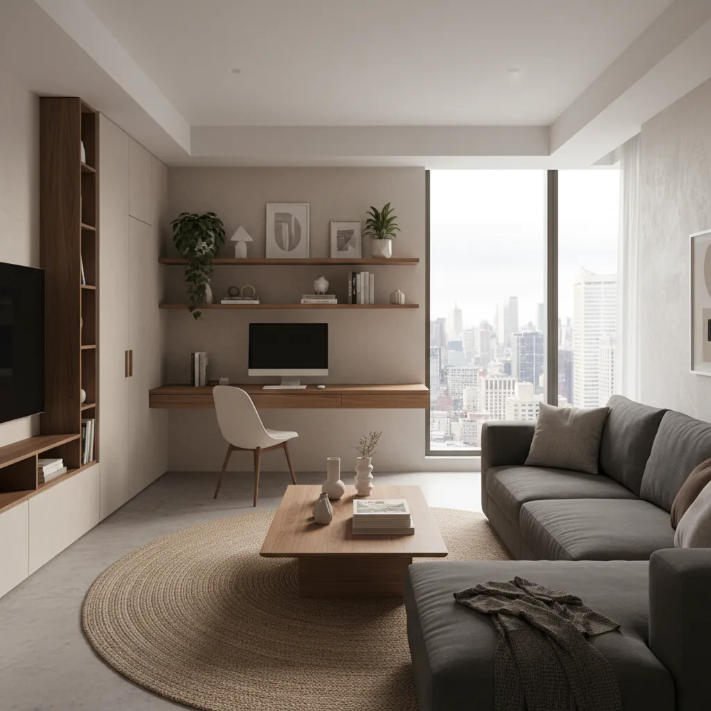 Salón con zona de trabajo integrada en un apartamento moderno