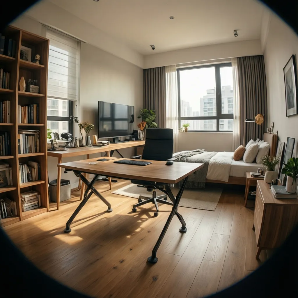 Habitación multifuncional que funciona como oficina y dormitorio