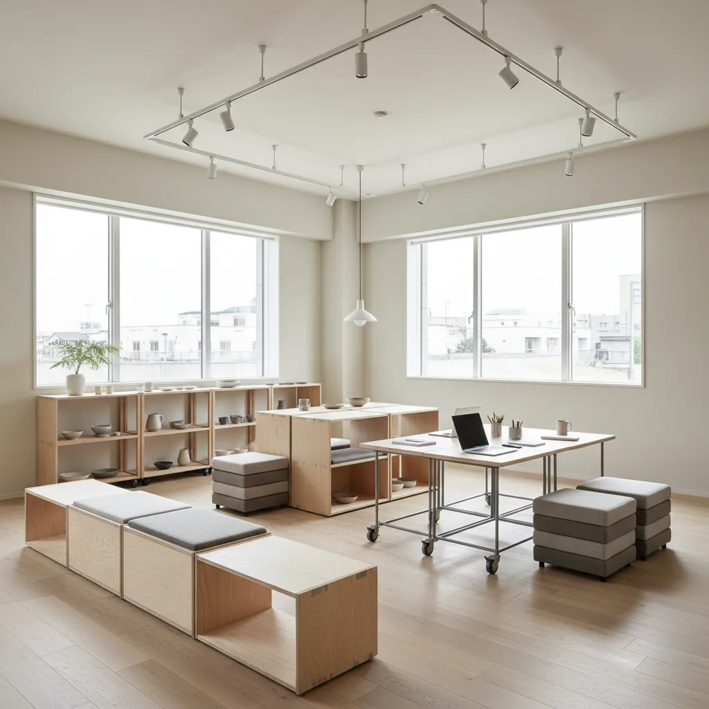 Minimalist office with wood tables, grey stools, large windows, track ceiling lights, and wood floor