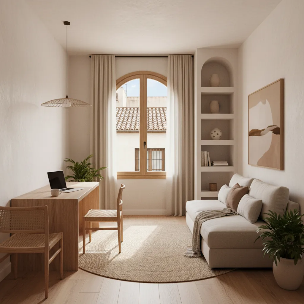 Salón pequeño con comedor y espacio de trabajo integrado