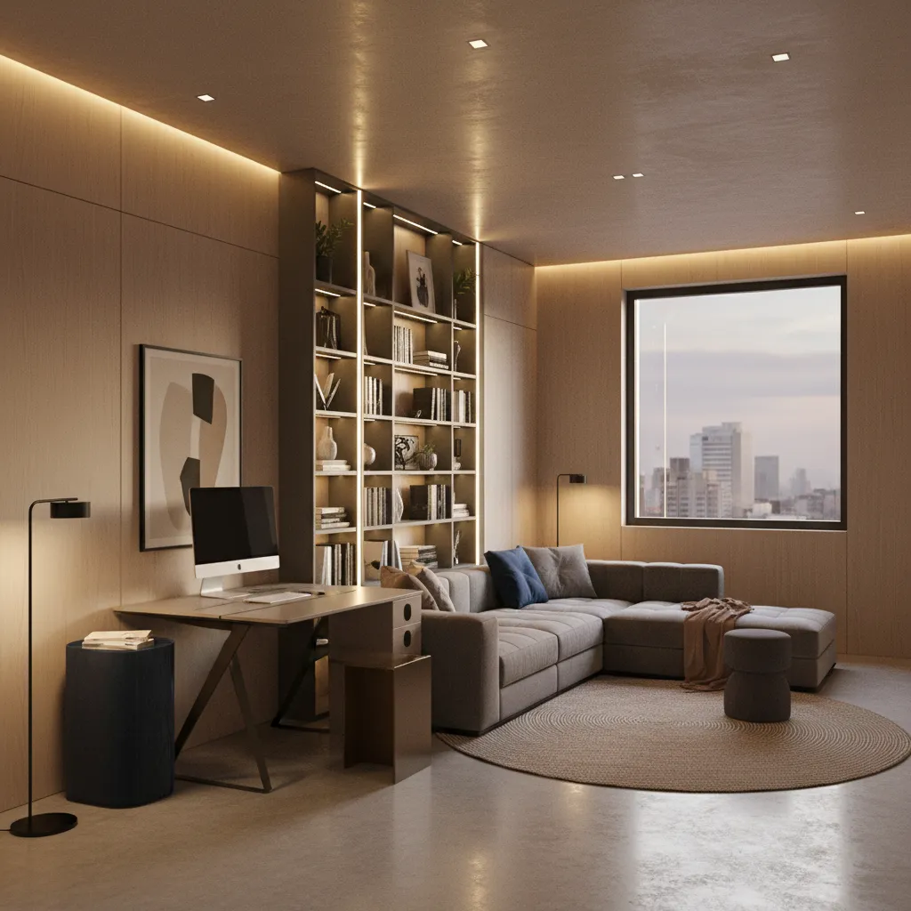 Espacio interior multifuncional con zona de trabajo y descanso