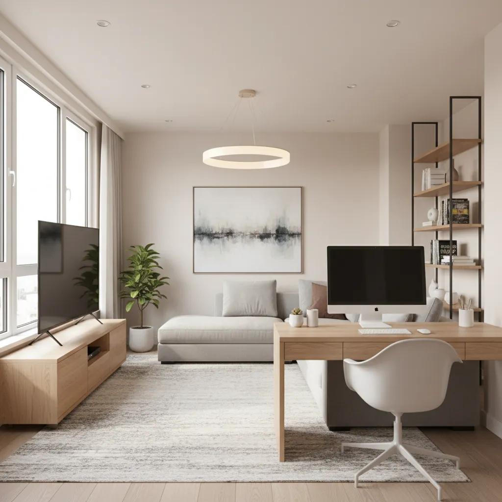 Salón multifuncional que combina zona de trabajo y descanso