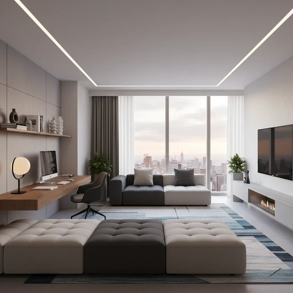 Modern living room featuring wooden desk grey sofa large window showing city view and TV