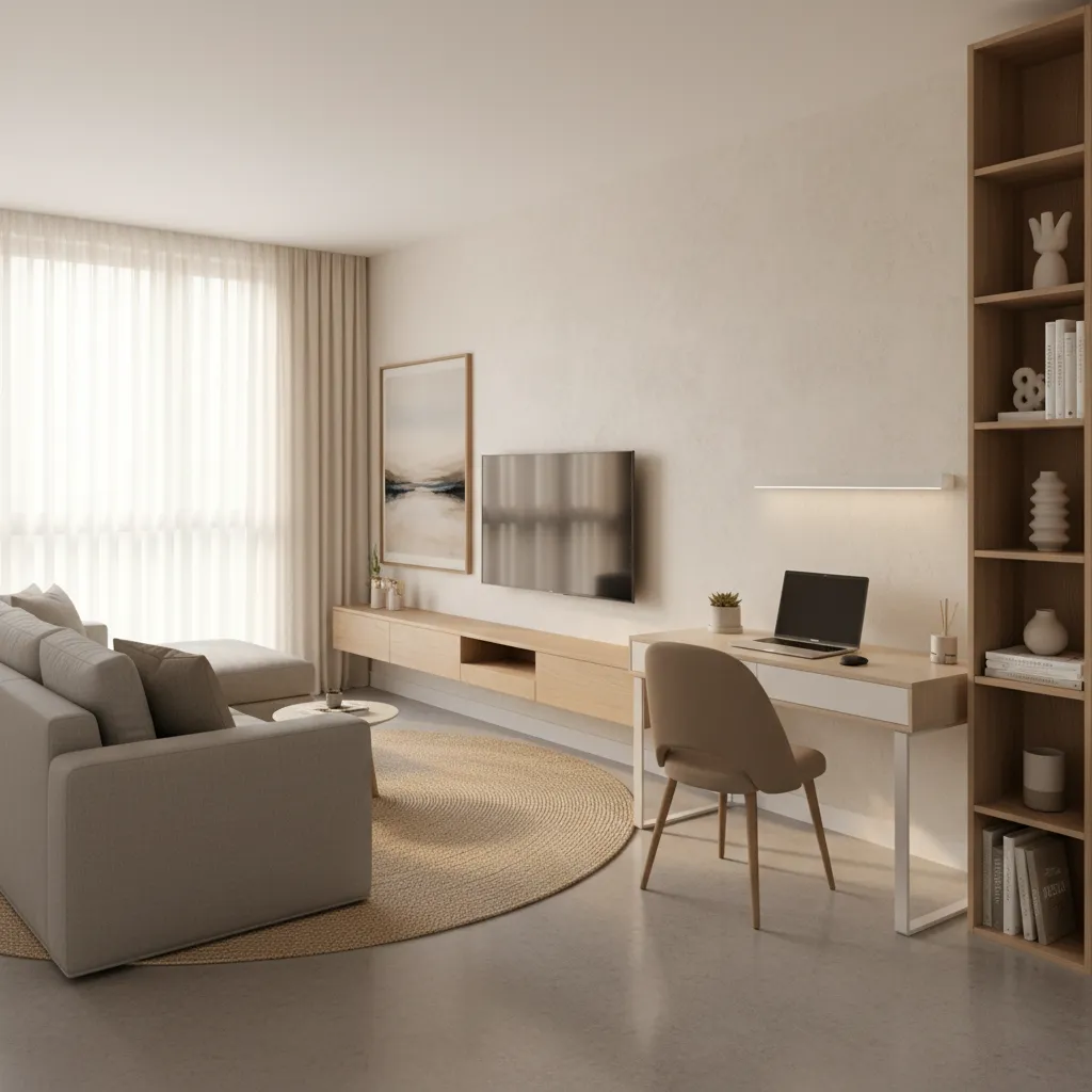 Minimalist living room with grey sofa wooden desk laptop chair TV cabinet and tall bookshelf