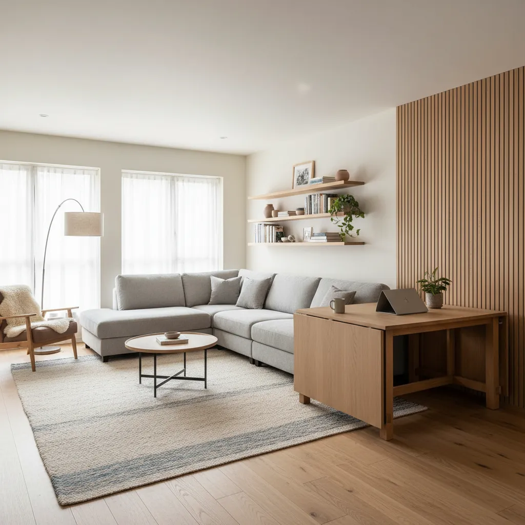 sala de estar con muebles modulares y espacio multifuncional