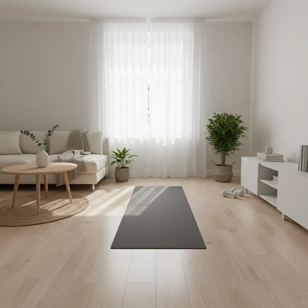 Pequeño espacio libre en el salón preparado para entrenar en casa