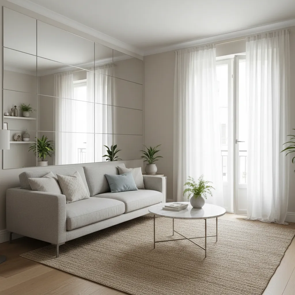Pequeño salón diseñado para parecer más amplio mediante luz y colores claros