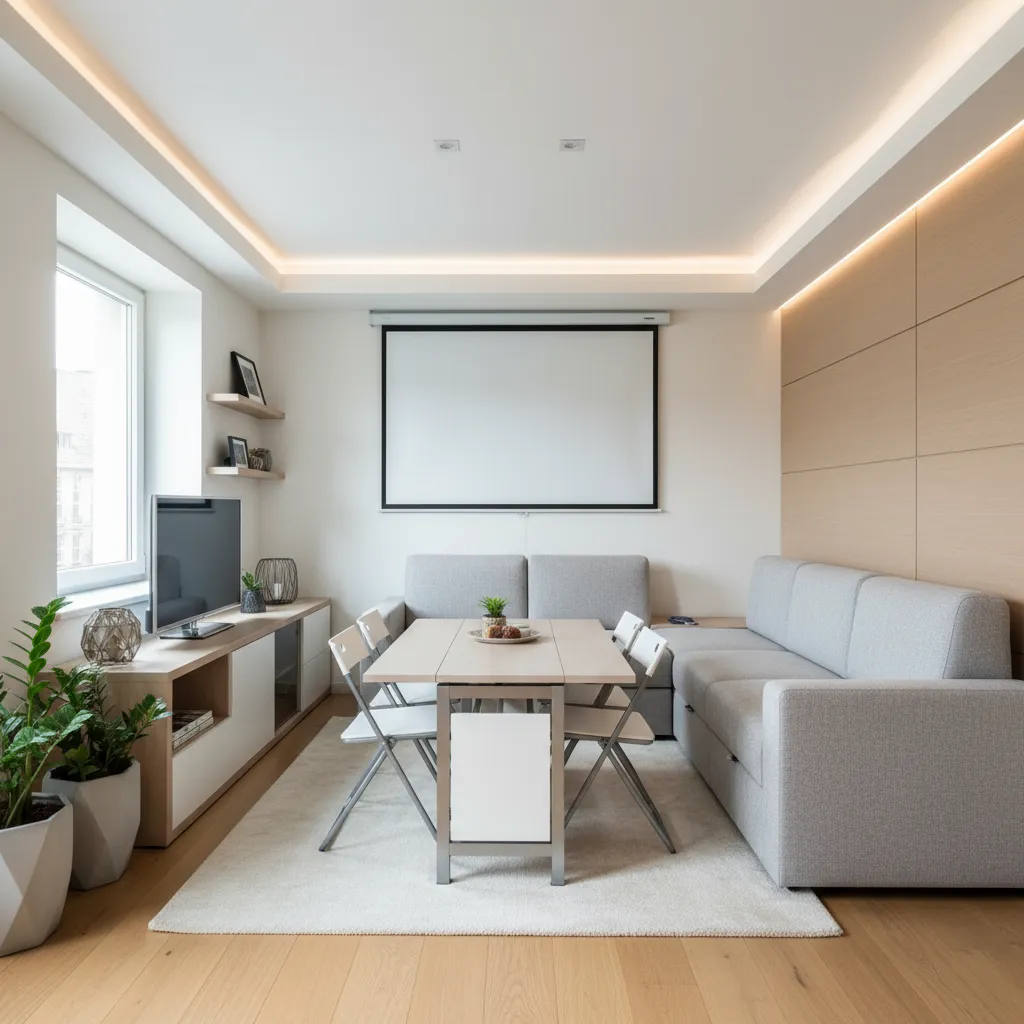 Modern living room with grey sofa dining table white chairs and a white projector screen