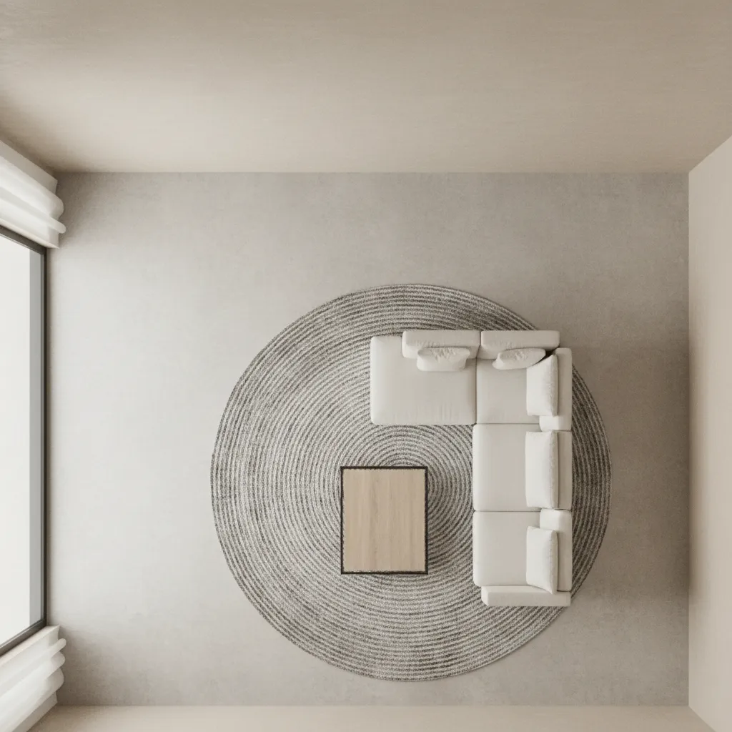 Top down interior design drawing of white sofa and wood table on round grey rug