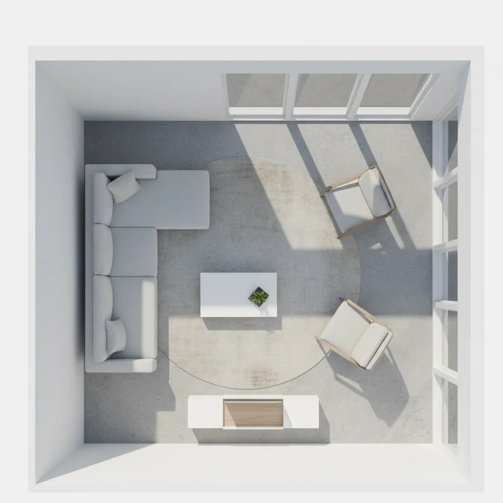 Top down room layout with sofa two chairs coffee table rug and large side windows