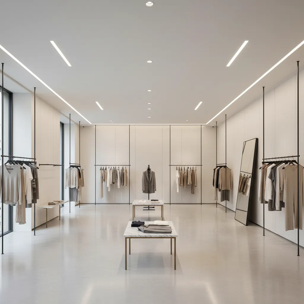 Tienda de ropa con amplios espacios vacíos y exhibición ordenada de prendas