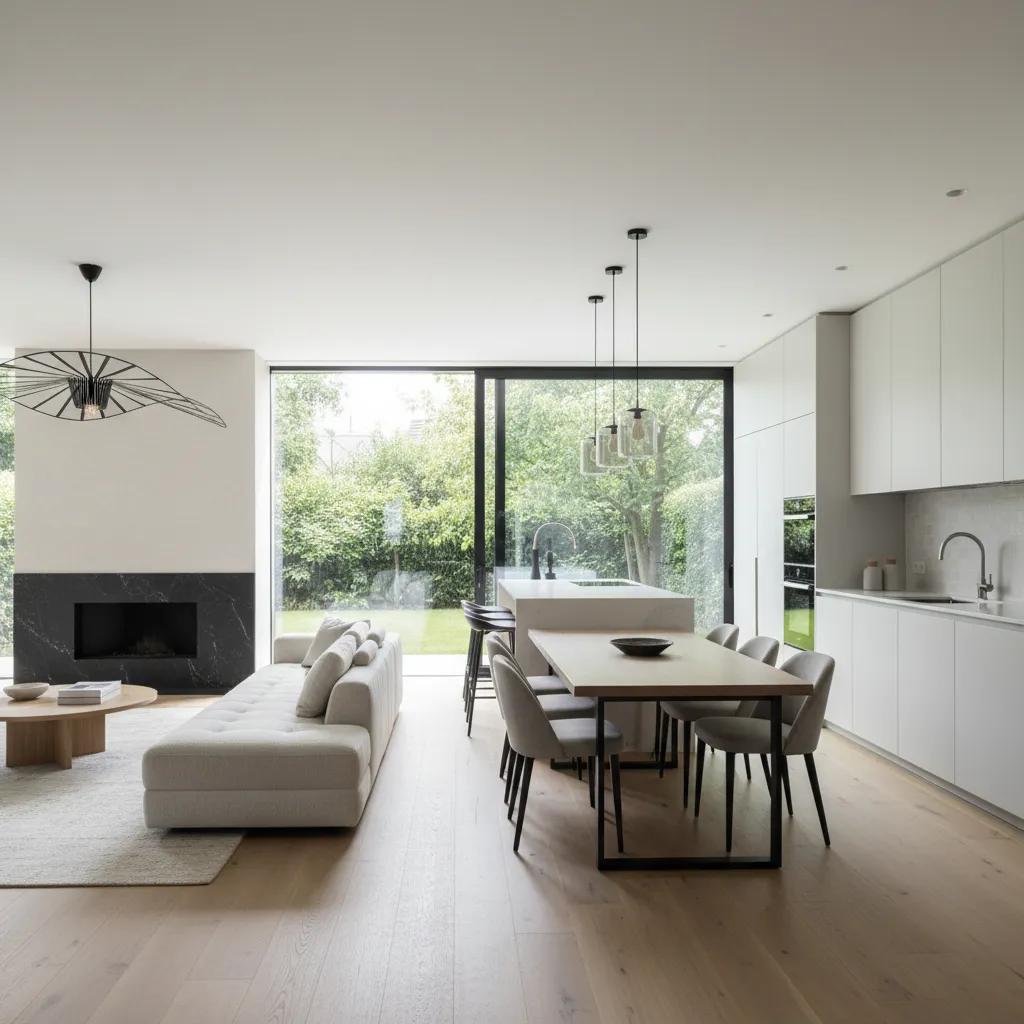 Interior de casa moderna con salón, comedor y cocina en espacio abierto