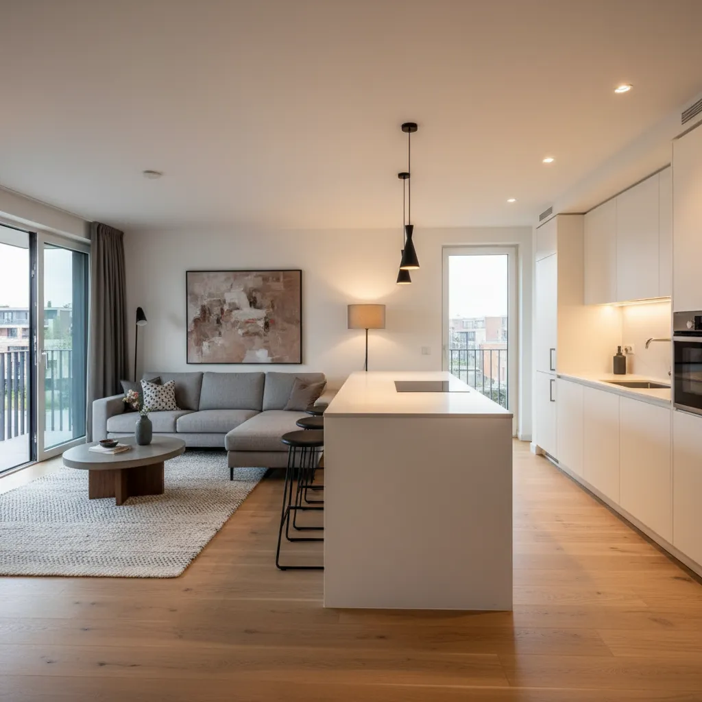 Modern living room and white kitchen with grey sofa wooden floor and hanging ceiling light