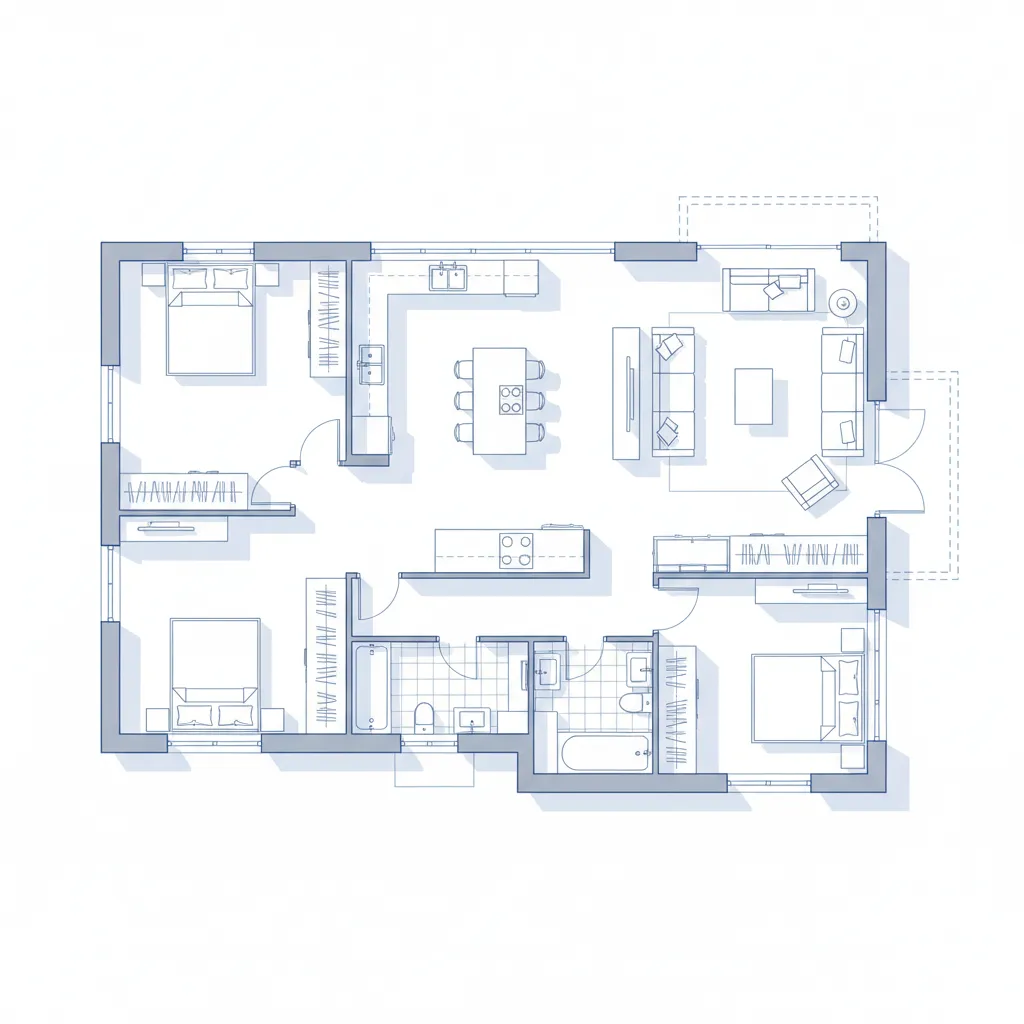 Plano detallado de casa con cocina salón dormitorios y baños