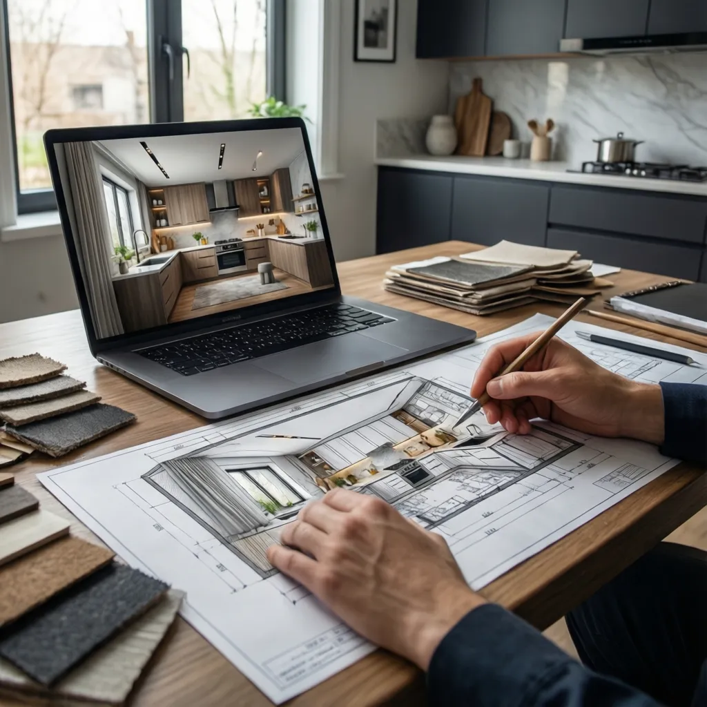 Diseñador trabajando en layout de cocina en plano arquitectónico