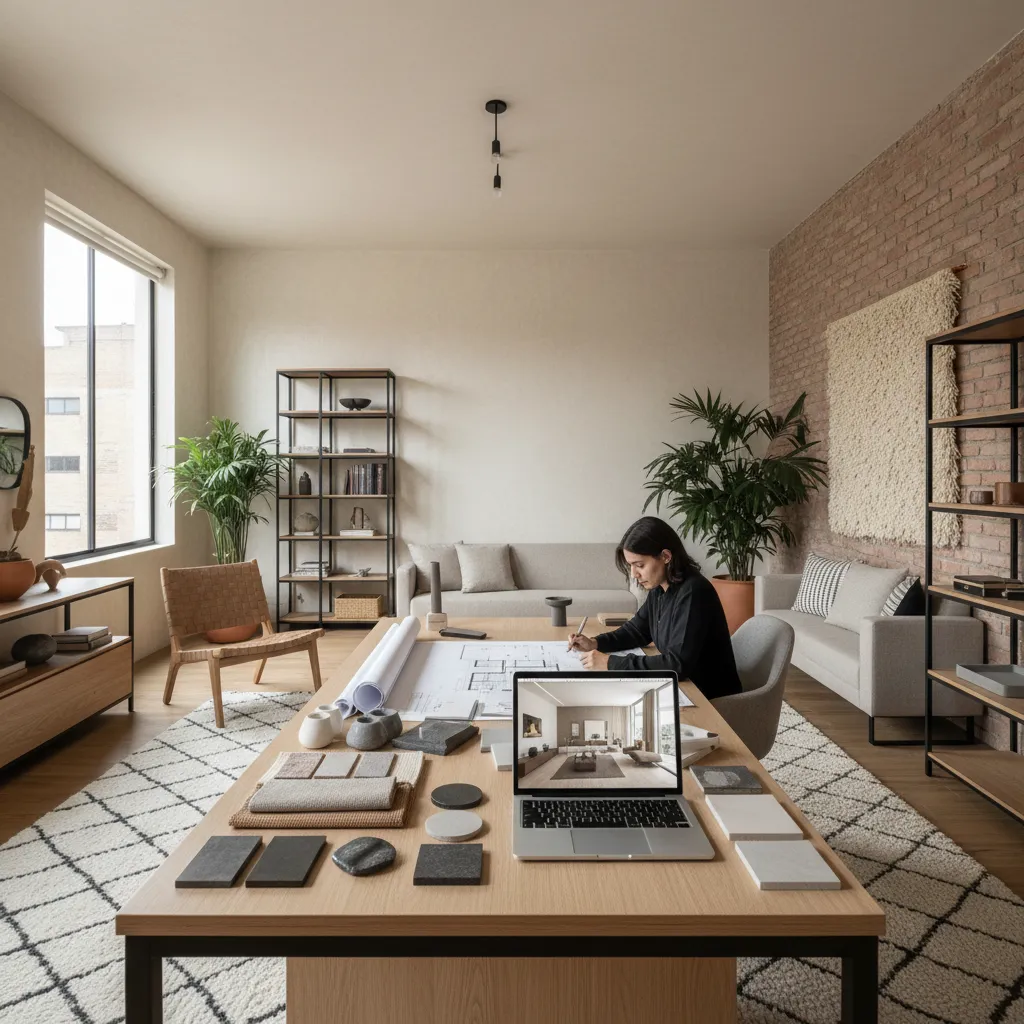 Woman working on interior design drawing at large desk with material samples and laptop computer