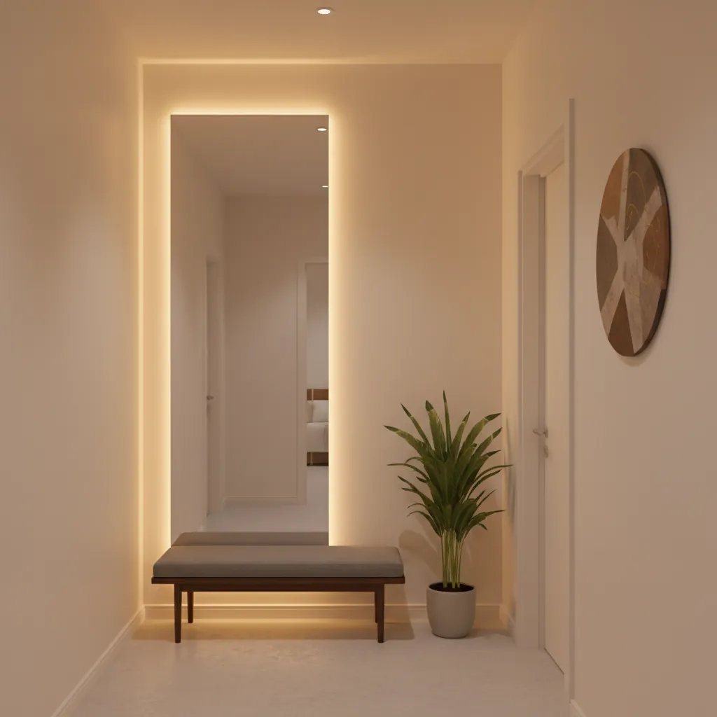 Modern hallway featuring a backlit wall mirror a wooden bench a green plant and walls