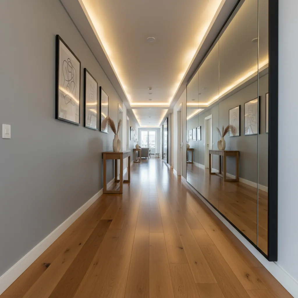Long hallway with wooden floor, grey walls, wall pictures, console tables and large decorative mirror