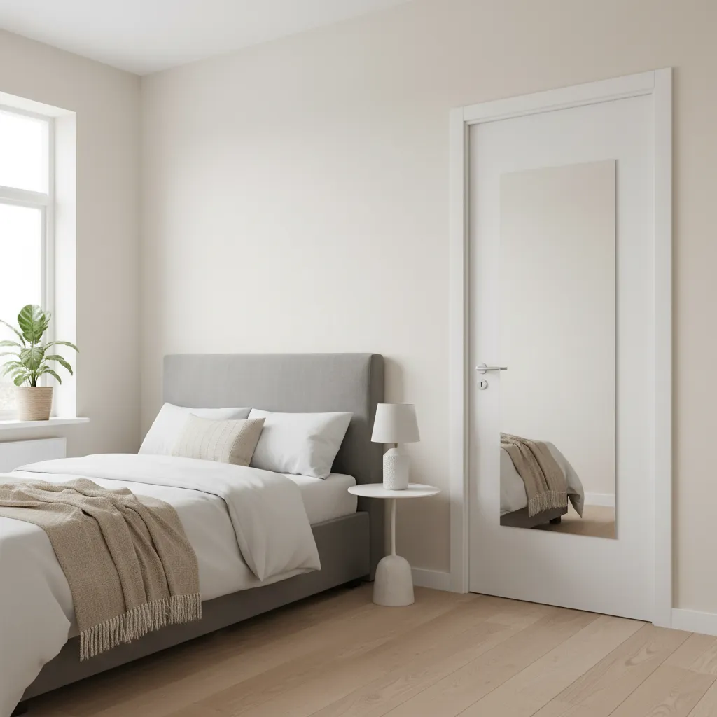 Espejo de cuerpo completo instalado en una puerta de dormitorio