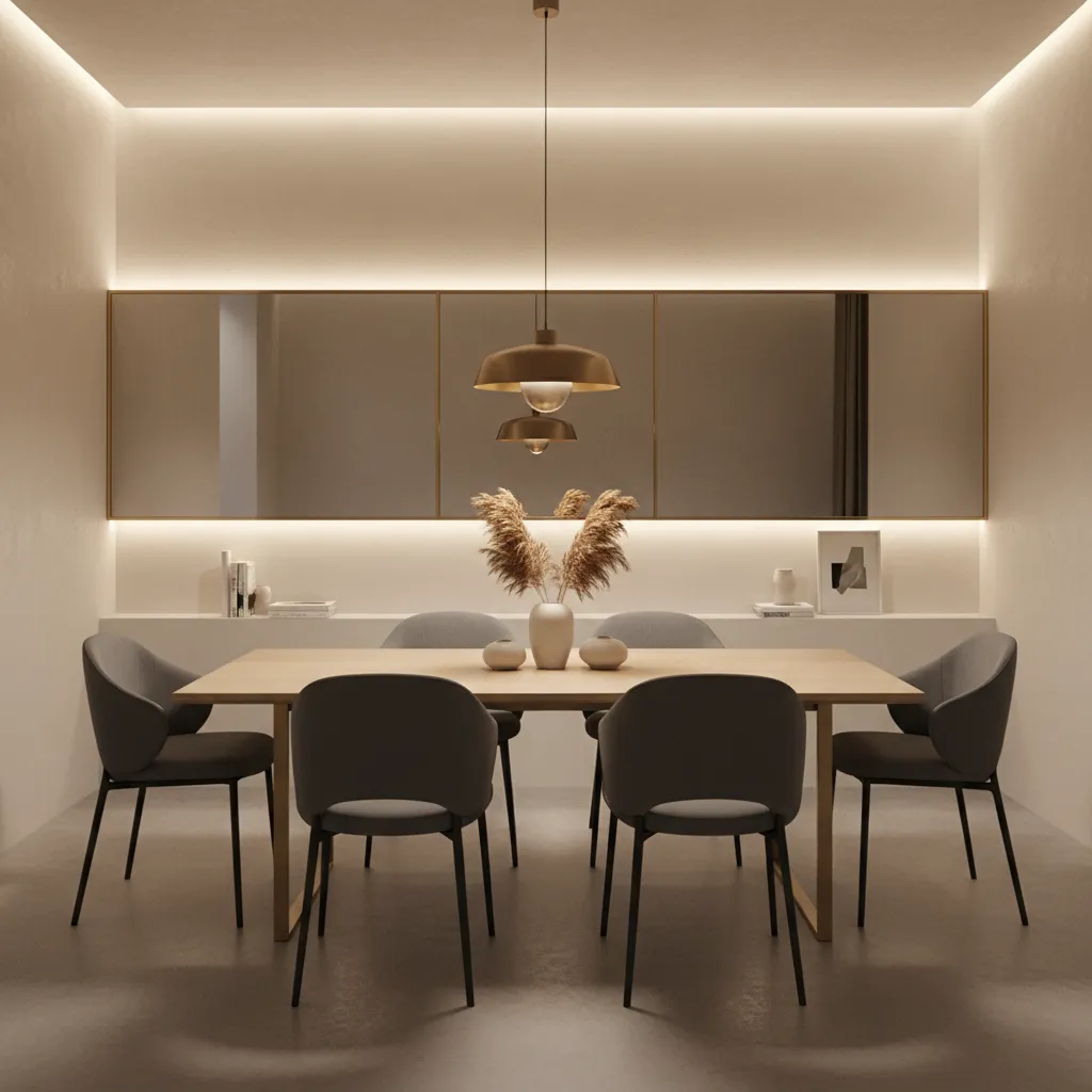 Comedor pequeño con un espejo grande decorando la pared