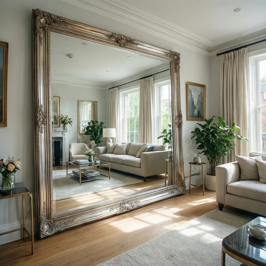 Espejo grande con marco plateado en una sala luminosa