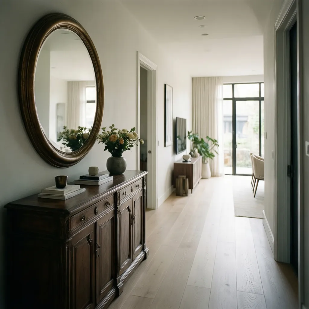 Espejo grande en recibidor que amplía visualmente el espacio