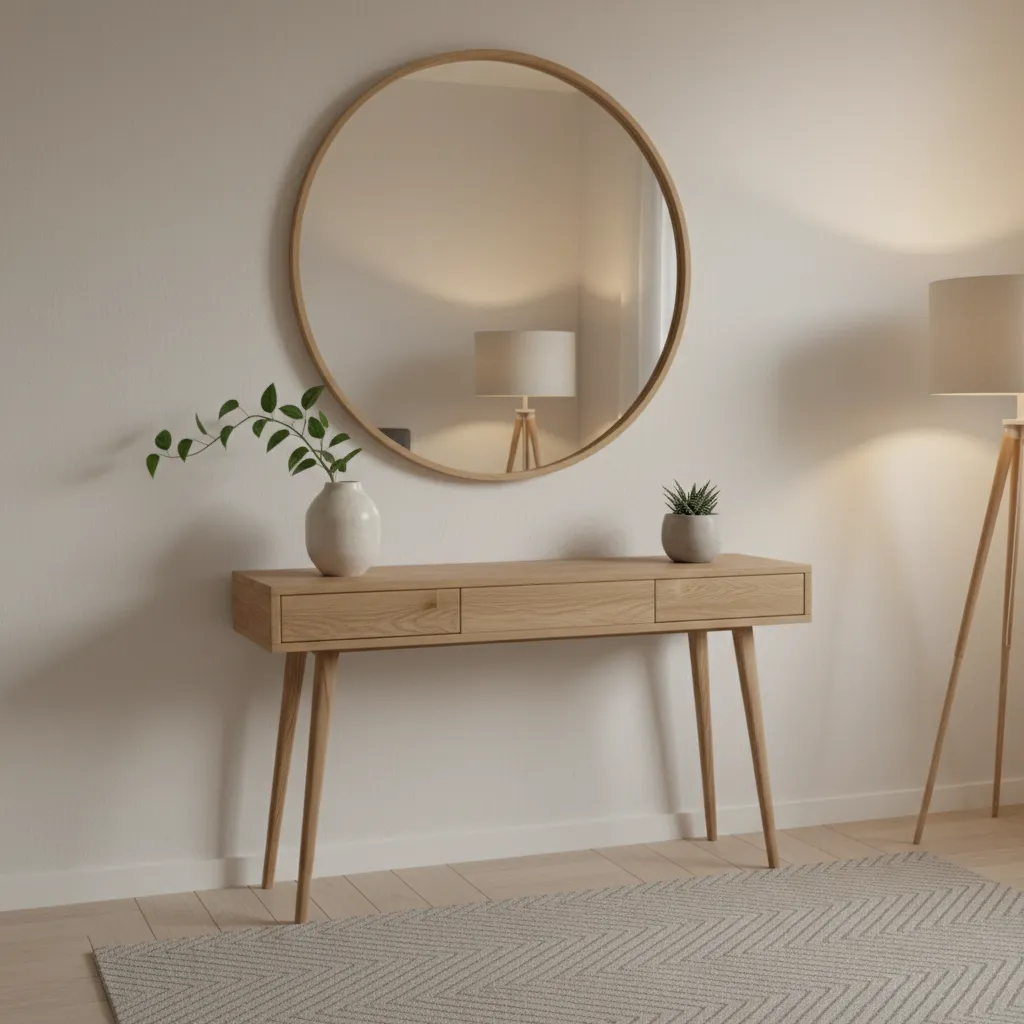 Round wooden mirror hanging above slim wood cabinet with a small plant and floor lamp