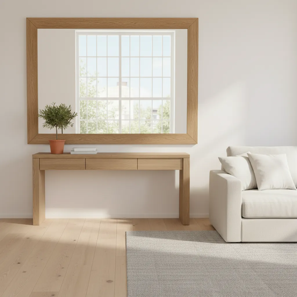 Espejo de madera reflejando luz natural de una ventana