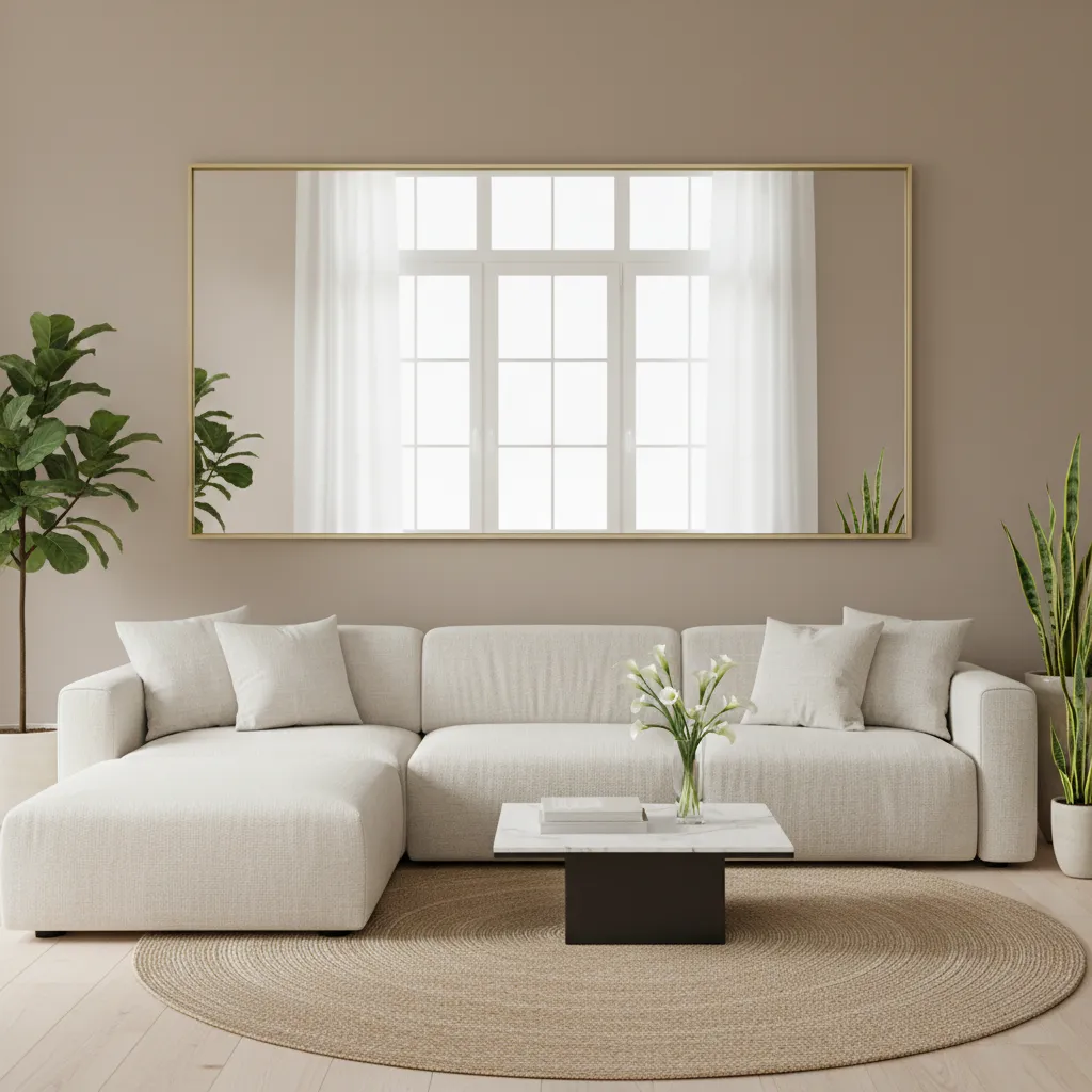 Modern living room with white sofa, large wall mirror reflecting windows, round rug and plants