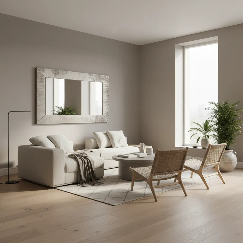 Modern living room featuring large wall mirror above cream sofa with wooden chairs and window