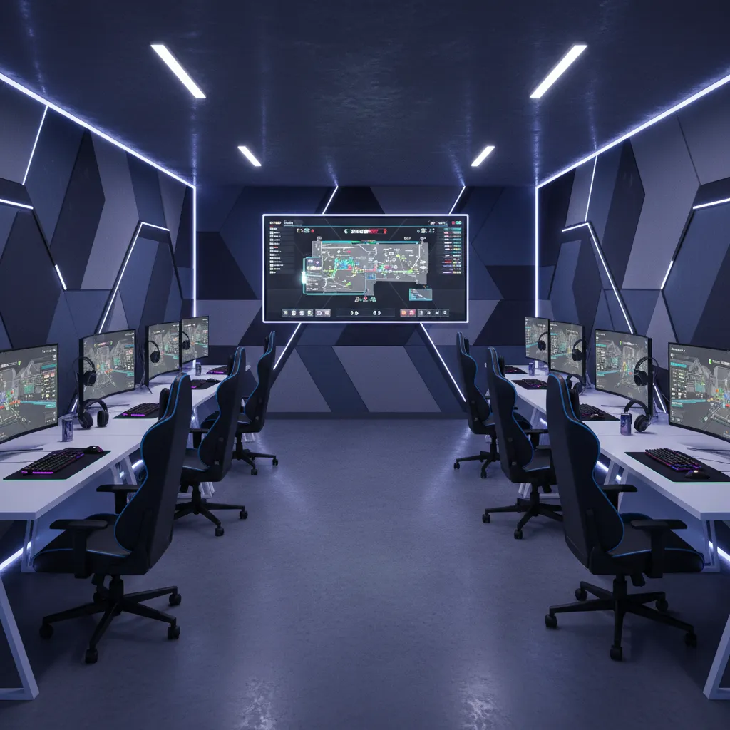 esports team practice room layout with multiple player stations