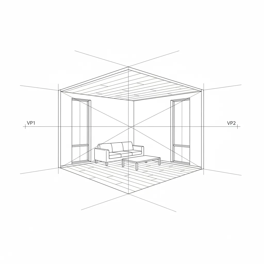Interior design drawing showing a sofa and coffee table with floor lines and window frames