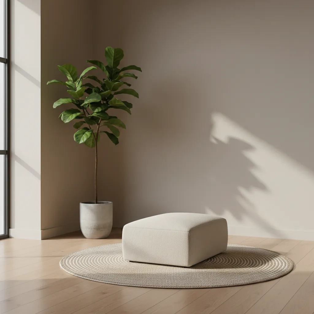 Minimalist room corner with tall potted plant cream footrest round rug wooden floor and light