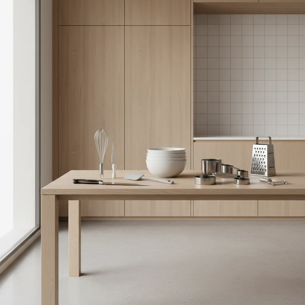 Essential beginner kitchen equipment set arranged neatly