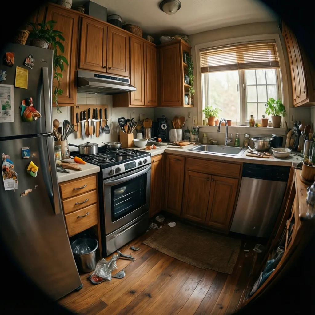 Essential kitchen equipment including refrigerator stove and basic tools