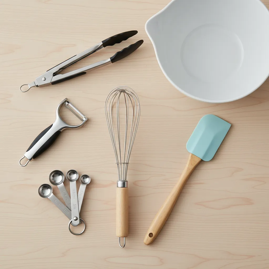 Flat lay of essential small kitchen tools including whisk peeler spatula and measuring spoons