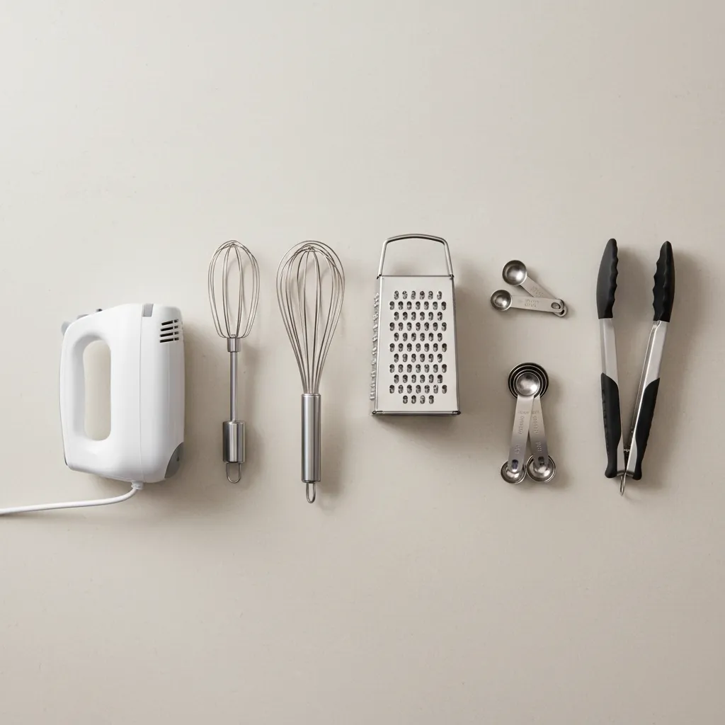 White hand mixer metal whisks cheese grater measuring spoons and black tongs on beige background