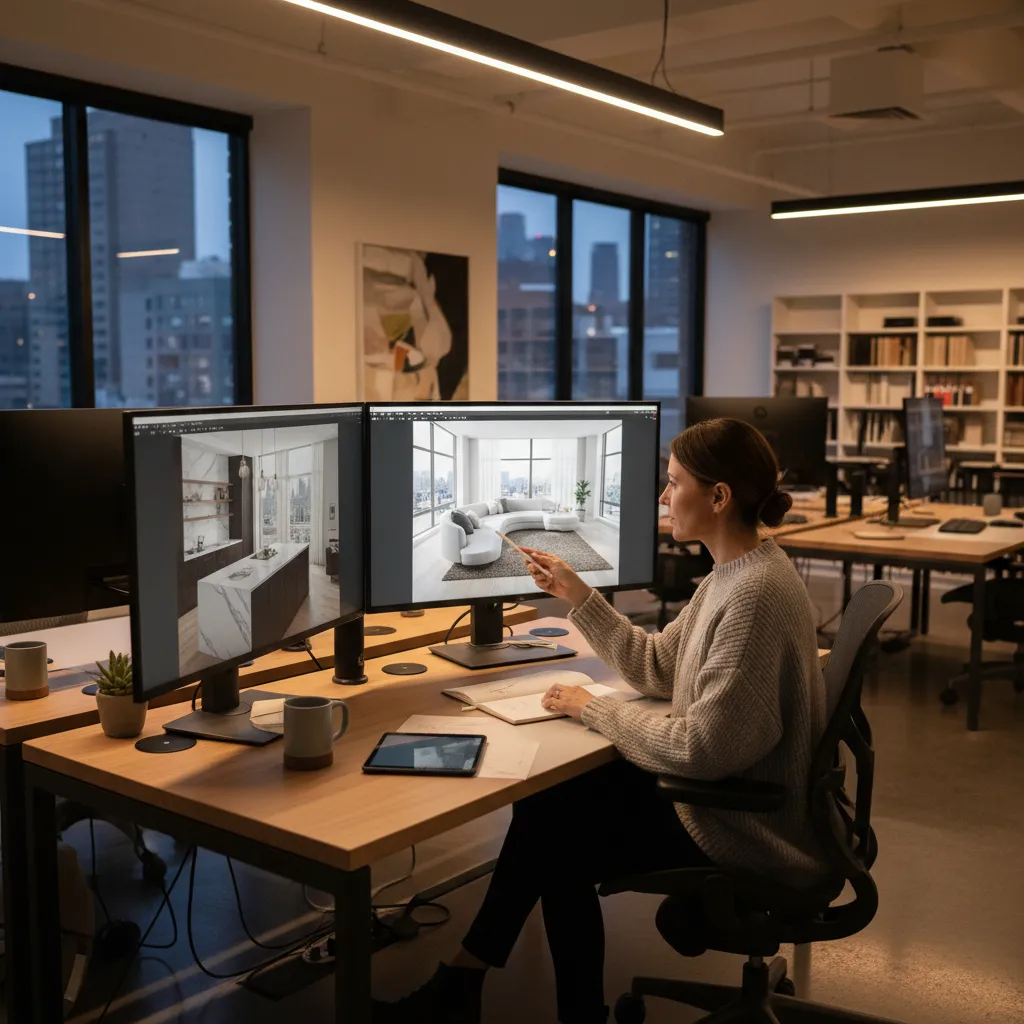 Diseñador revisando renders de interior en una estación de trabajo profesional