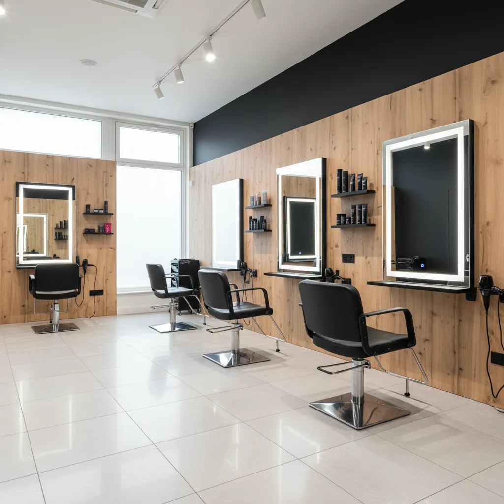 Estaciones de corte con espejos grandes en una peluquería moderna