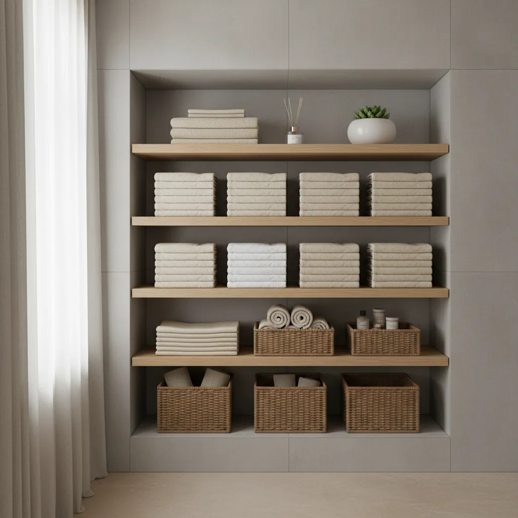 Estantería de baño organizada con toallas y cestas