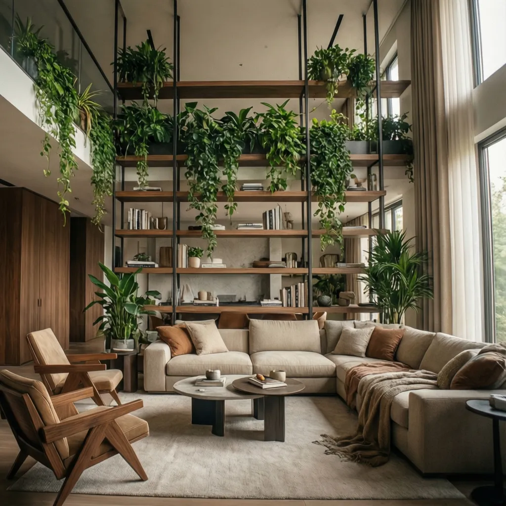 Estantería alta con varias plantas colgantes decorativas en un salón