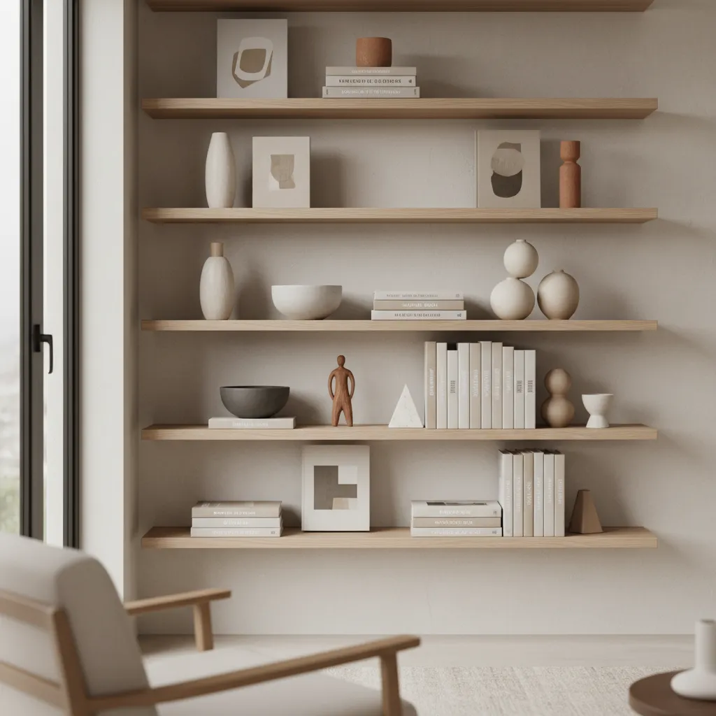 Estantería decorada con libros, jarrones y objetos decorativos equilibrados